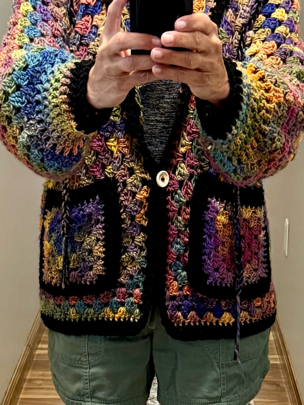 Handmade Multicolor Crochet Hooded Hexagon Cardigan with Black Trim - Picture 6 of 7